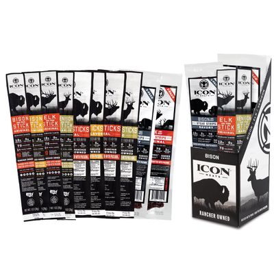 ICON Meat Stick and Steak Strip Sampler Gift Box - 10 Snacks Per Box - Assorted Flavors of Bison, Elk, Venison, Beef and Pork Jerky Sticks and Strips - USDA Approved, All Natural Artisan Meats