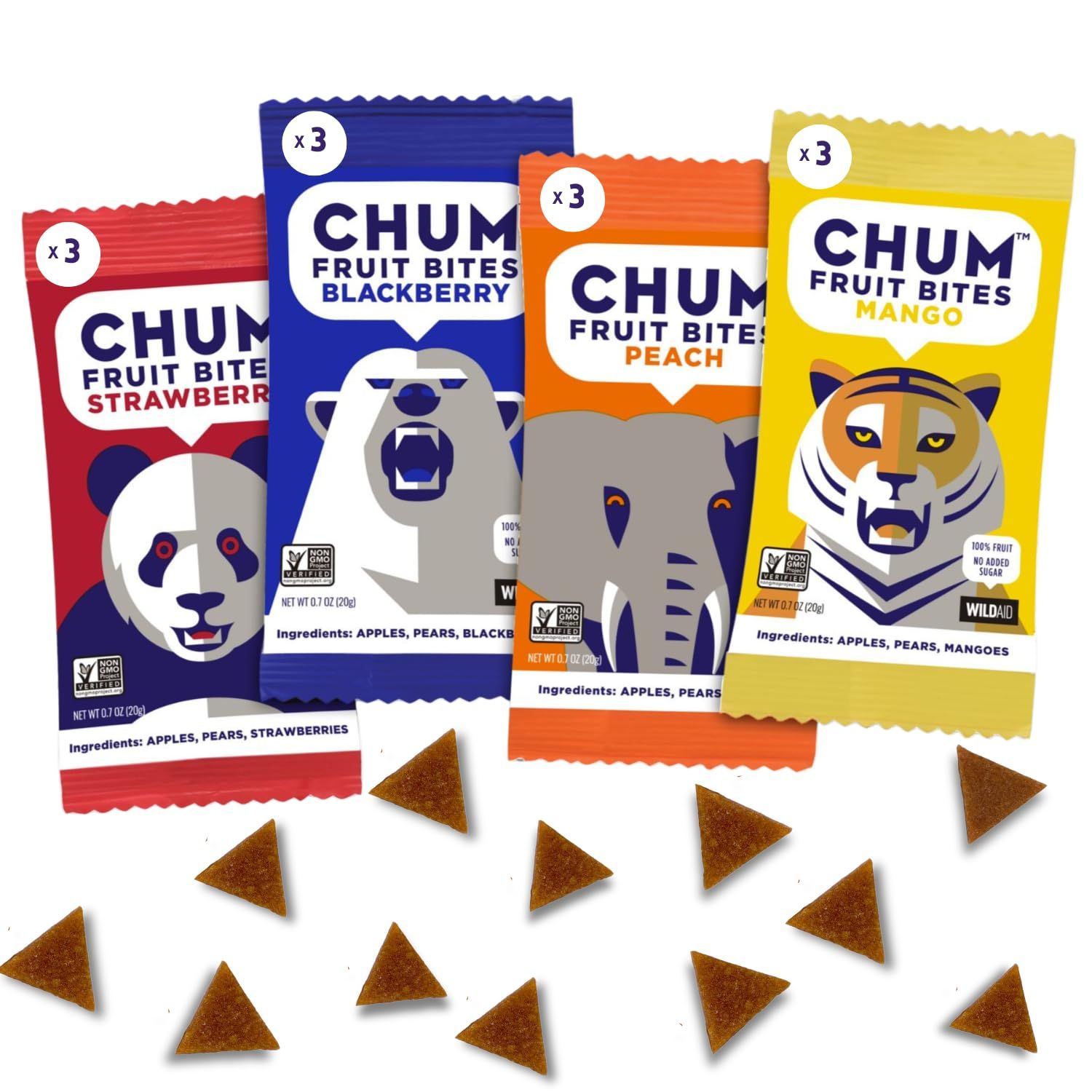 Chum Fruit Bites 100% Real Fruit Snacks-Variety, 12-Pack | Non-GMO, No Added Sugar or Preservatives | Healthy Snack | Top 12 Allergen &amp; School Friendly, Nut-Free, Gluten-Free, Vegan, Kosher, Paleo