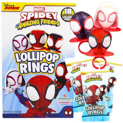 Spidey and His Amazing Friends Birthday Party Favor, Individually Wrapped Lollipop Rings, Ghost-Spider, and Miles Morales Decorated Suckers, Box of 18