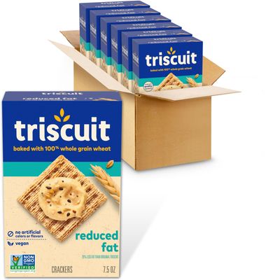 Triscuit Reduced Fat Whole Grain Wheat Crackers, Vegan Crackers, 6 - 7.5 oz Boxes