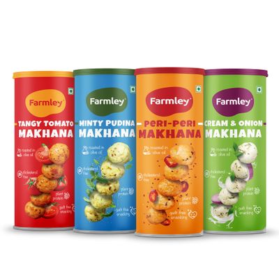 Farmley Makhana Gluten Free Roasted &amp; Flavoured Puffs Fox Nut Water Lily Pops Popped Lotus Seed Pack of 4 90g each (Peri-Peri, Cream &amp; Onion, Mint, Tangy Tomato) Daily Nutritious Snack 12.70 Ounce