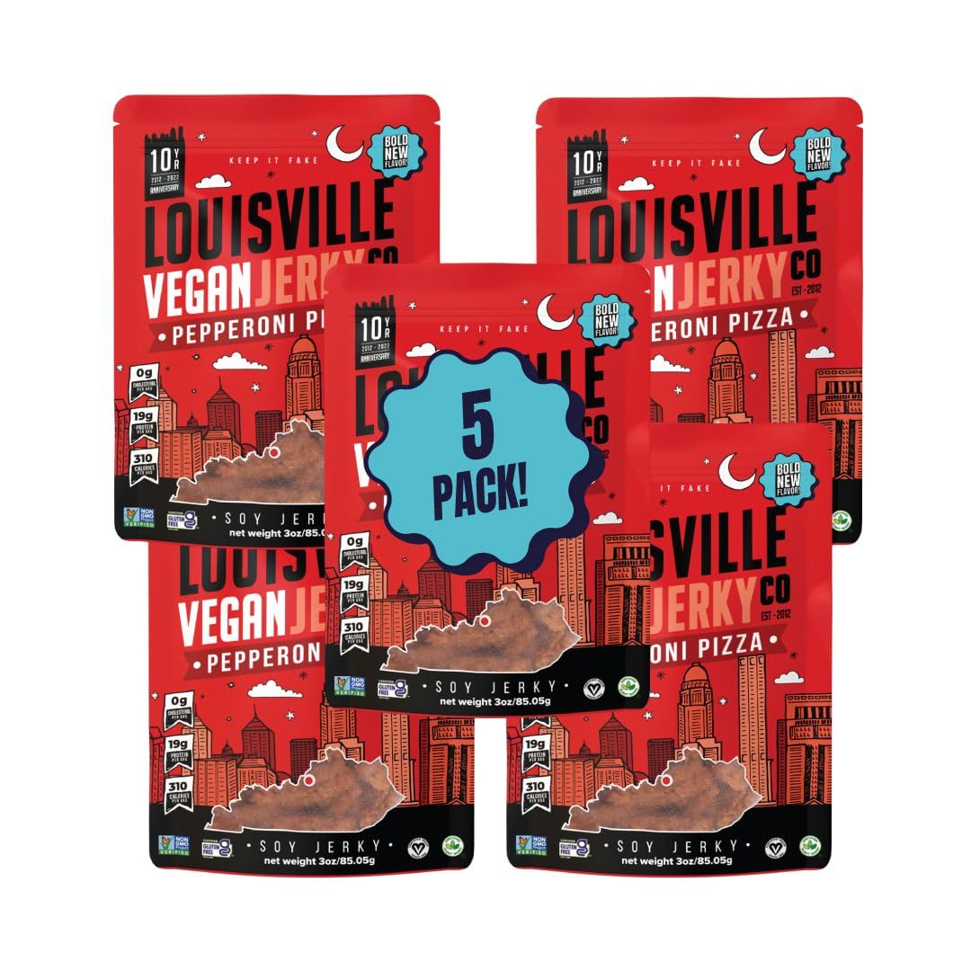 Louisville Vegan Jerky - Pepperoni Pizza Vegan and Vegetarian Friendly Meat - Lip-Smacking Jerky - Gluten-Free High Protein Vegan Snacks 19 grams of Non-GMO Soy Protein - 3 oz, 5 Pack