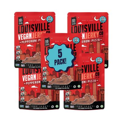 Louisville Vegan Jerky - Pepperoni Pizza Vegan and Vegetarian Friendly Meat - Lip-Smacking Jerky - Gluten-Free High Protein Vegan Snacks 19 grams of Non-GMO Soy Protein - 3 oz, 5 Pack