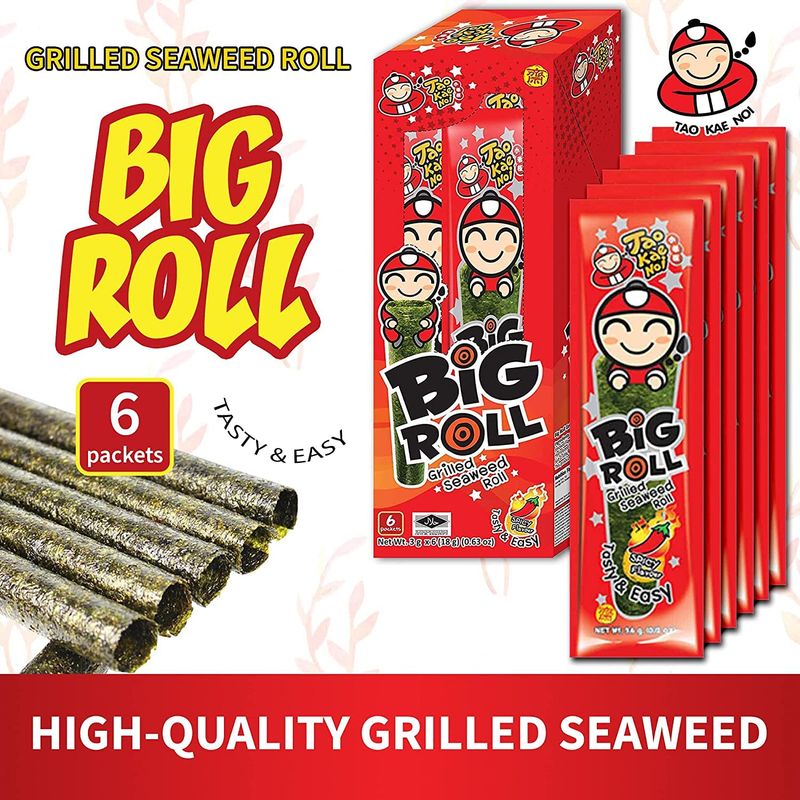 Big Roll Grilled Seaweed Snacks by Tao Kae Noi, Spicy Flavor Grilled Seaweed Rolls, Healthy Nori Sheet Rolls for Kids and Adults, Nori Snacks, 6 pack, 3g Bags