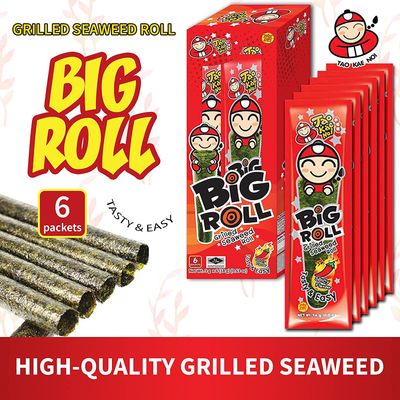 Big Roll Grilled Seaweed Snacks by Tao Kae Noi, Spicy Flavor Grilled Seaweed Rolls, Healthy Nori Sheet Rolls for Kids and Adults, Nori Snacks, 6 pack, 3g Bags