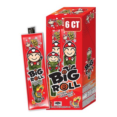 Big Roll Grilled Seaweed Snacks by Tao Kae Noi, Spicy Flavor Grilled Seaweed Rolls, Healthy Nori Sheet Rolls for Kids and Adults, Nori Snacks, 6 pack, 3g Bags