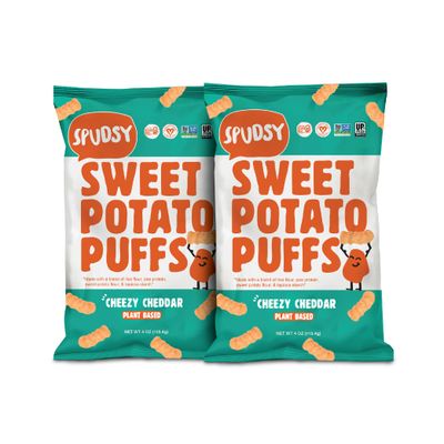 Spudsy Cheezy Cheddar Sweet Potato Puffs | Vegan Gluten Free Cheezies | Plant-Based, Allergen-Free, Non-GMO Kosher, Superfood Snack | 2 Pack, 4 oz Bags