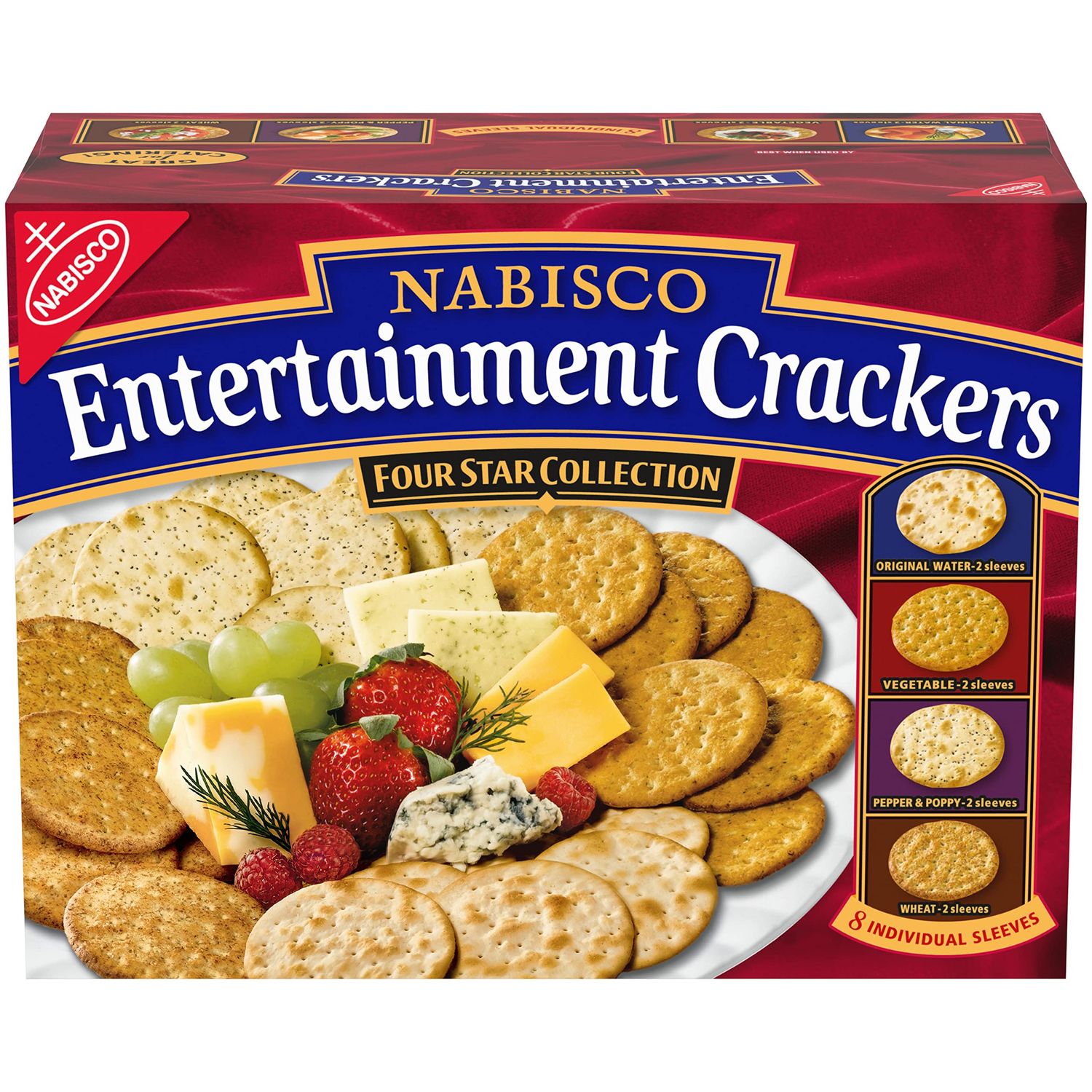 Nabisco Entertainment Crackers Variety Pack, Original Water, Vegetable, Pepper &amp; Poppy, Wheat, 8 Individual Sleeves, 2 lb 8 oz