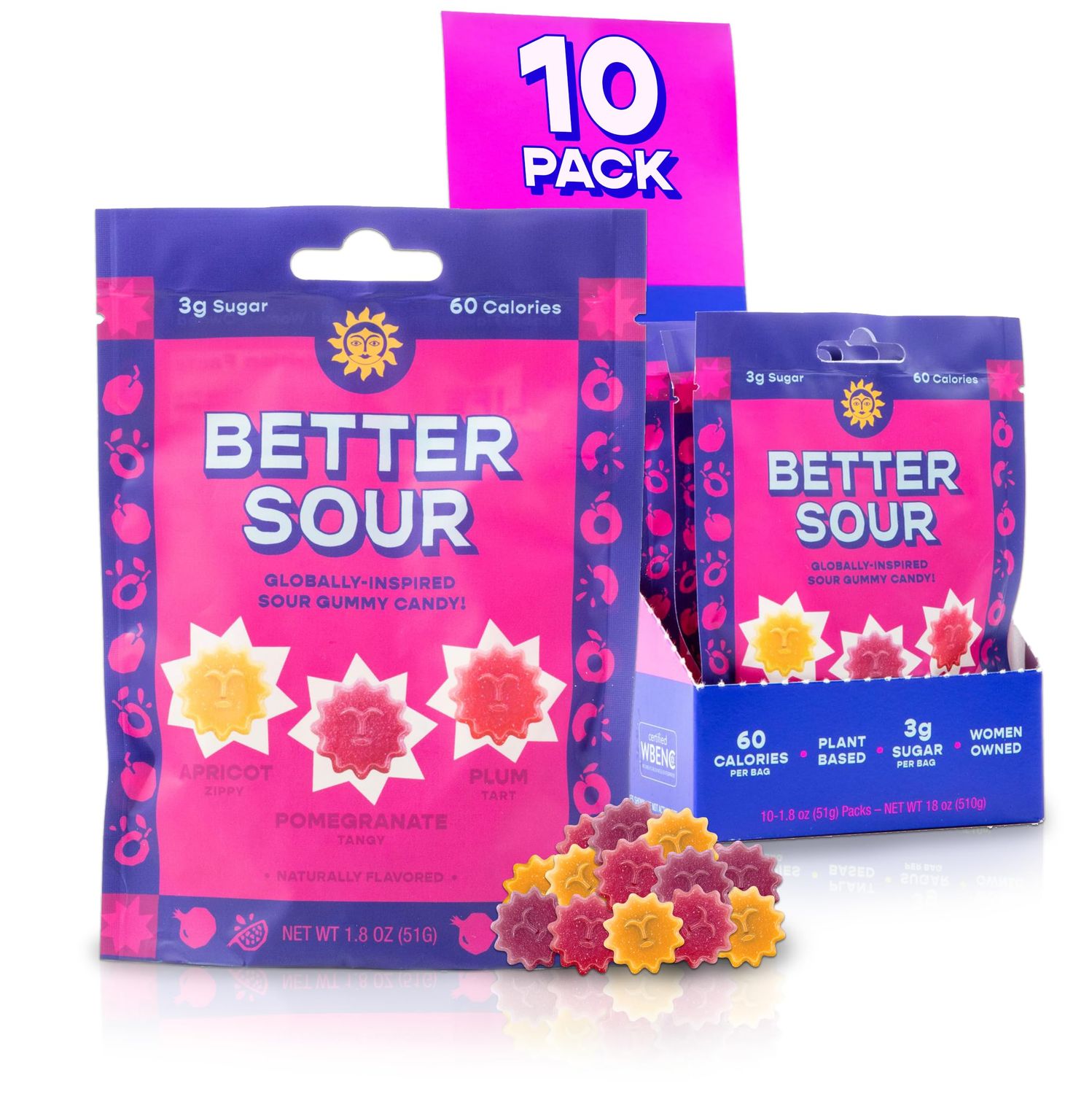 Better Sour Gummies - Apricot, Pomegranate, Plum - Naturally Flavored, Plant-Based, Low Sugar, Healthy Sour Gummy Candy - 3g sugar60 cal per 1.8 oz Bag, Healthy Treats for Kids &amp; Adults (Pack of 10)