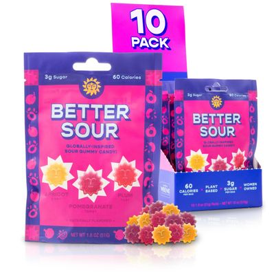 Better Sour Gummies - Apricot, Pomegranate, Plum - Naturally Flavored, Plant-Based, Low Sugar, Healthy Sour Gummy Candy - 3g sugar60 cal per 1.8 oz Bag, Healthy Treats for Kids &amp; Adults (Pack of 10)