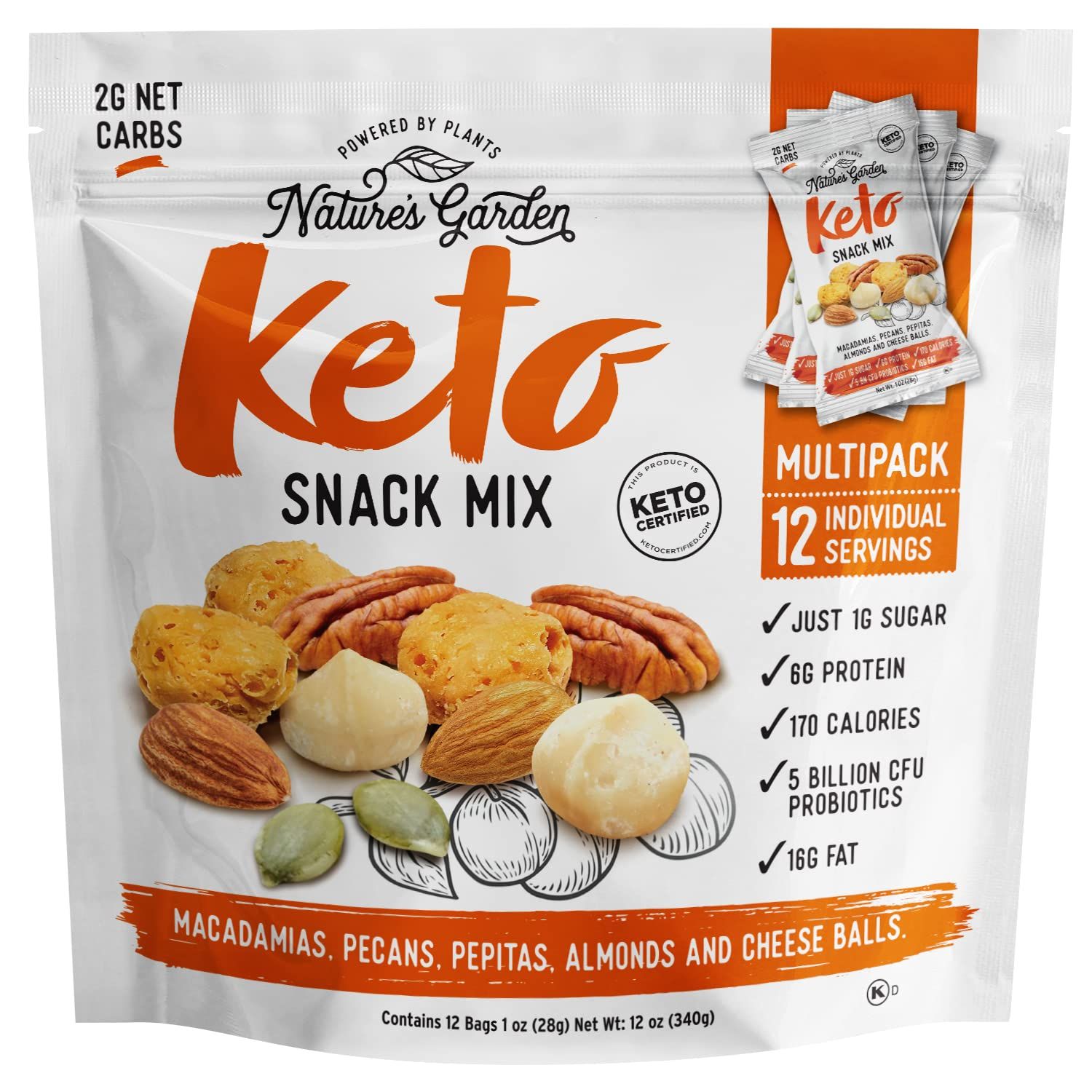 Natures Garden Keto Snack Mix - Probiotic Cheese Balls, Crunchy Keto Snack, Keto Snack Mix, All Natural, Low Carb, Heart Healthy Nuts - 1 Oz Bags (12 Individual Servings)