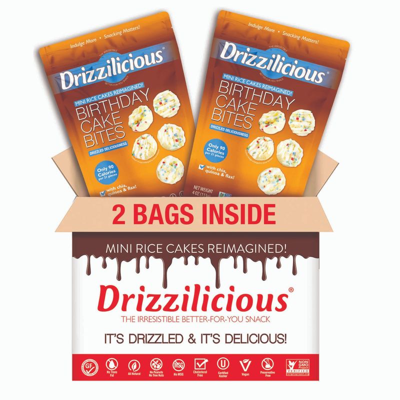 Drizzilicious Mini Rice Cakes Birthday Cake - Rice Crisps, Healthy Snack for Adults and Kids, Flavored Rice Cakes, Vegan, Gluten Free, Allergen Free, Only 90 Calories Per Serving - 4 oz (Pack of 2)