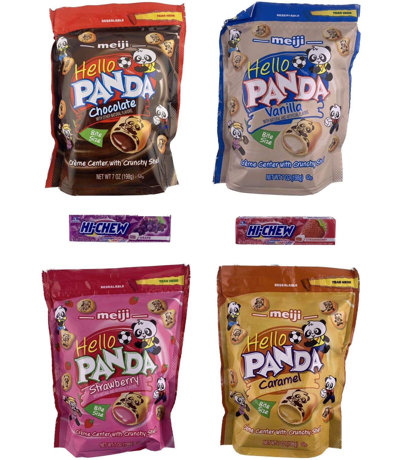 Meiji Hello Panda Cookies Variety Pack- 4 Flavors of Hello Panda Snacks and Hi Chew Sticks. Hello Panda Chocolate, Vanilla, Strawberry, and Caramel. Hi Chew Strawberry and Grape by Snackivore.