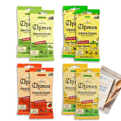 Chimes Ginger Chews Variety Pack of 8 Bundle, 2 of each flavor (Original, Mango, Lemon, Orange) 12 oz total Vegan Organic Ginger Candy for Nausea, Morning Sickness, Motion Sickness, Sore Throat Relief