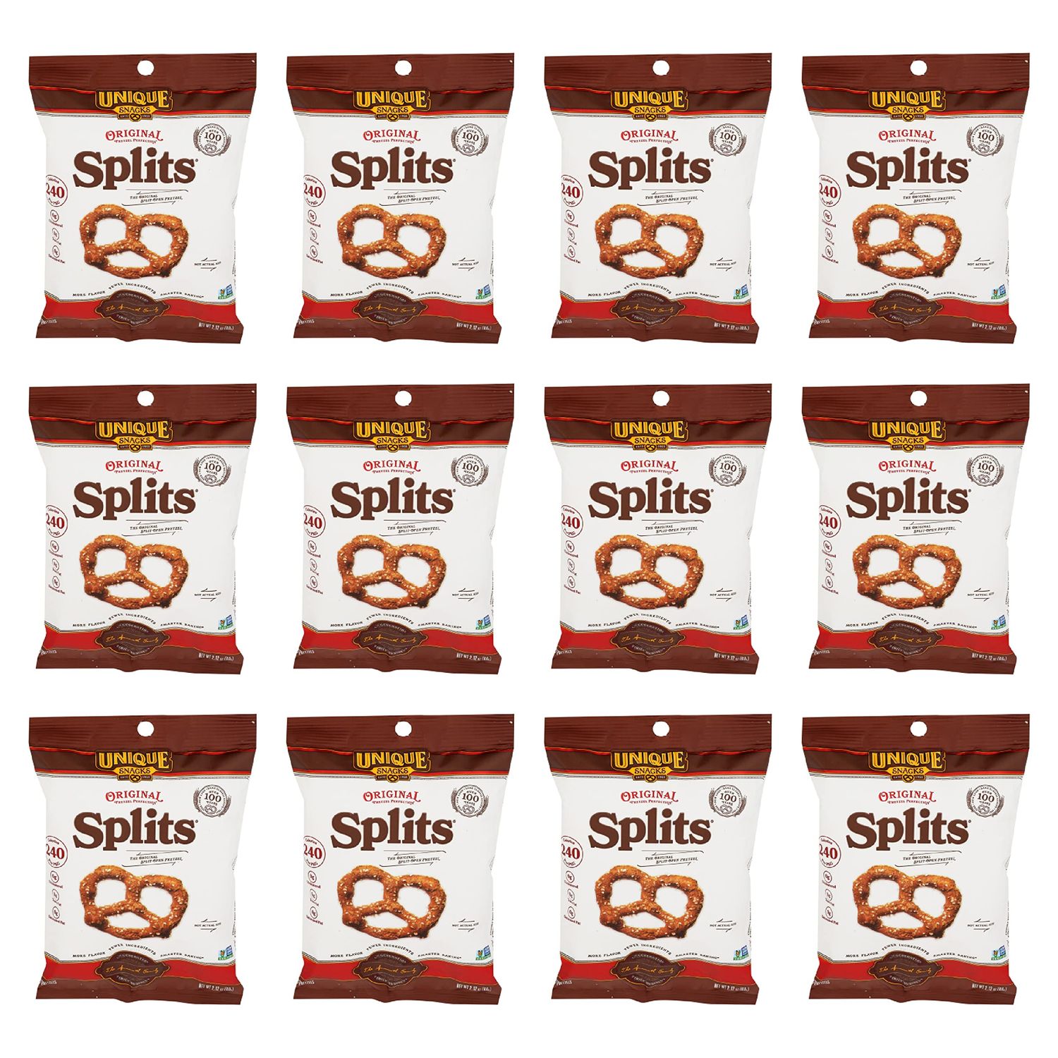 Unique Snacks Original Splits Pretzels, Delicious Homestyle-Baked Snack Bag, OU Kosher, and Non-GMO Food, No Artificial Flavor, 2.12 Oz. Bag, Pack of 12