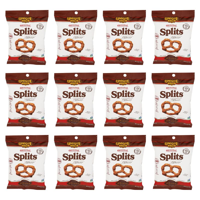 Unique Snacks Original Splits Pretzels, Delicious Homestyle-Baked Snack Bag, OU Kosher, and Non-GMO Food, No Artificial Flavor, 2.12 Oz. Bag, Pack of 12