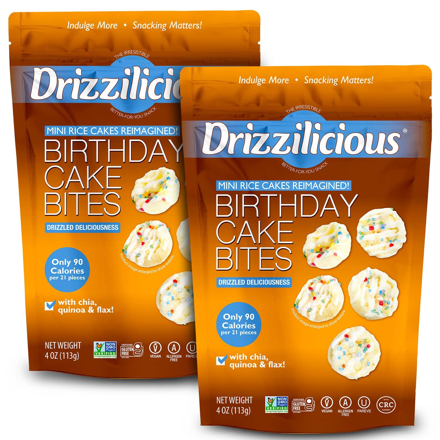 Drizzilicious Mini Rice Cakes Birthday Cake - Rice Crisps, Healthy Snack for Adults and Kids, Flavored Rice Cakes, Vegan, Gluten Free, Allergen Free, Only 90 Calories Per Serving - 4 oz (Pack of 2)