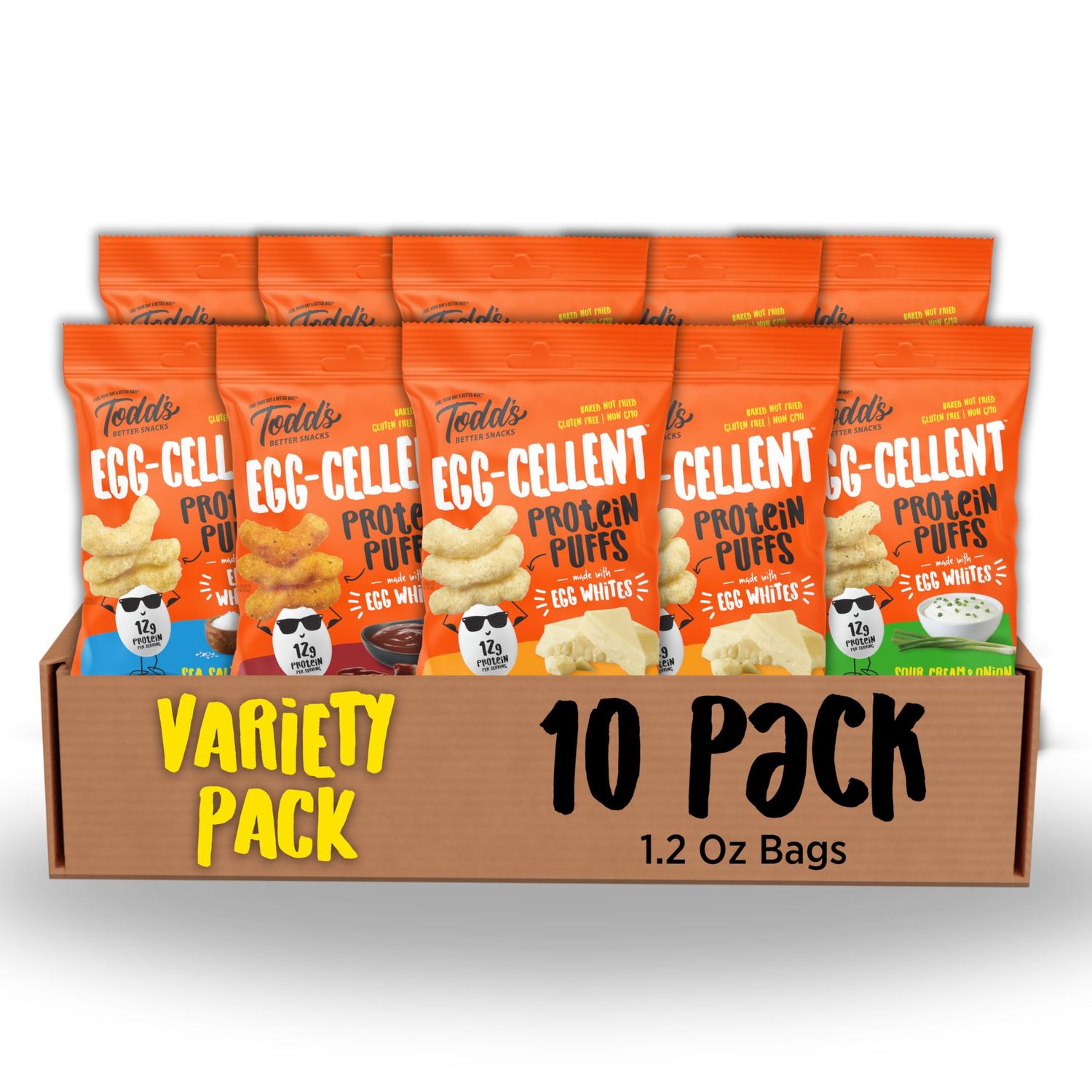 Todd&#39;s Better Snacks Egg-Cellent Protein Puffs, Variety Pack, 1.2 Oz (Pack of 10), Made with Egg Whites, 12g Protein, Gluten Free Healthy Snack