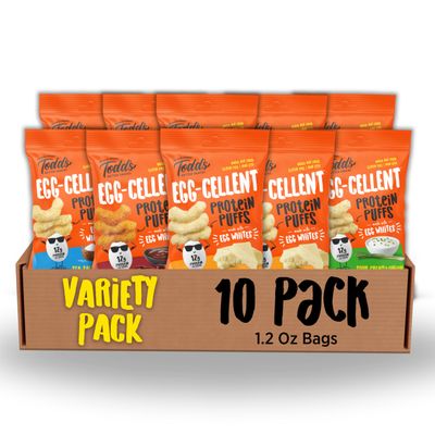 Todd&#39;s Better Snacks Egg-Cellent Protein Puffs, Variety Pack, 1.2 Oz (Pack of 10), Made with Egg Whites, 12g Protein, Gluten Free Healthy Snack