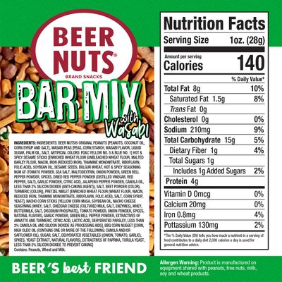 BEER NUTS Bar Mix wWasabi - Pretzels, Cheese Stix, Sesame Stix, Insane Grain &amp; Wasabi Peas - 12oz Resealable Jar (Pack of 2)