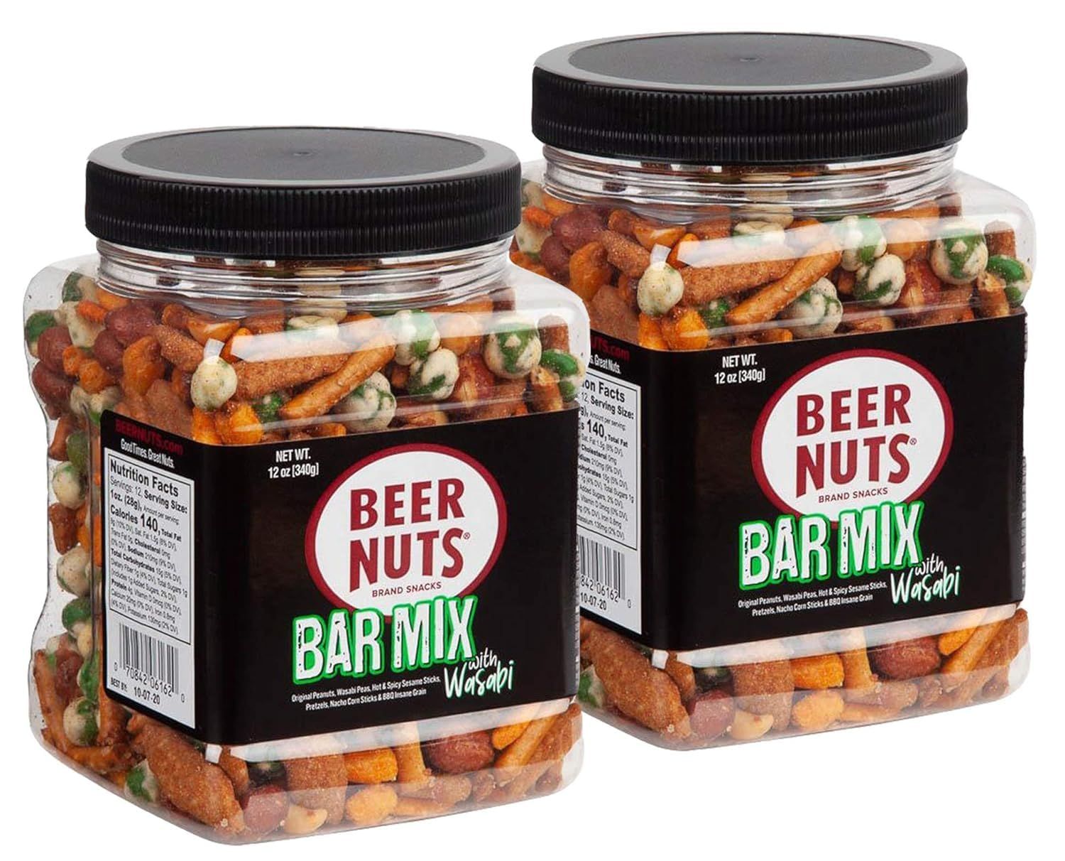 BEER NUTS Bar Mix wWasabi - Pretzels, Cheese Stix, Sesame Stix, Insane Grain &amp; Wasabi Peas - 12oz Resealable Jar (Pack of 2)