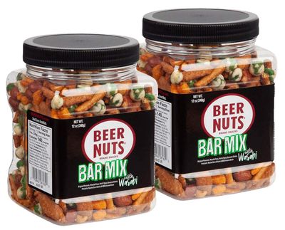 BEER NUTS Bar Mix wWasabi - Pretzels, Cheese Stix, Sesame Stix, Insane Grain &amp; Wasabi Peas - 12oz Resealable Jar (Pack of 2)