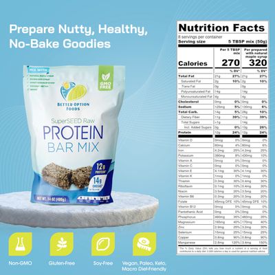 Raw Protein Bar Mix - SuperSEED High Protein Mix with Whole Hemp Seeds, Sesame Seeds, Sunflower Seeds &amp; Flax Seeds - Non-GMO, Zero Gluten for No Bake Protein Bars - Better Option Foods, 10 oz