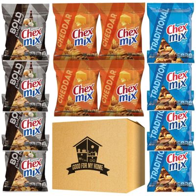 Mix Snacks Variety Pack. Includes Twelve 1.75 Oz Snack Pack. 4 each Traditional, Cheddar Cheese &amp; Bold - Flavor May Vary. Party Snack Mix. Comes in a Good For My Home Box