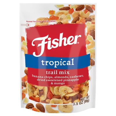 Fisher Snack Tropical Trail Mix, 3.5 Ounces, Banana Chips, Almonds, Cashews, Dried Sweetened Pineapple and Mango