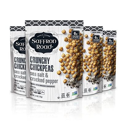 Saffron Road Organic Crunchy Chickpea Snacks-Gluten Free, Non-GMO, Halal, Kosher, Vegan - (Sea Salt and Cracked Pepper, 6 oz (4 Pack))