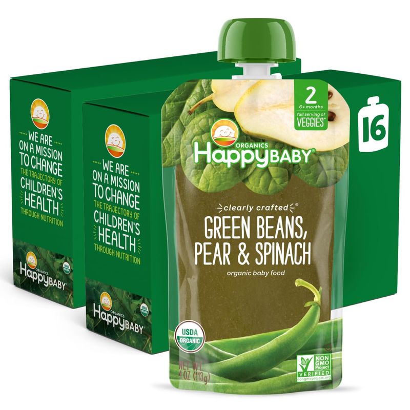 Happy Baby Organics Stage 2 Baby Food Pouches, Gluten Free, Vegan &amp; Healthy Snack, Clearly Crafted Fruit &amp; Veggie Puree, Green Beans, Pears &amp; Spinach, 4 Ounces (Pack of 16)