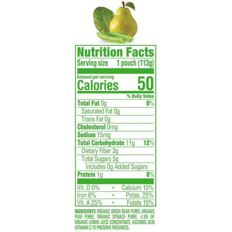 Happy Baby Organics Stage 2 Baby Food Pouches, Gluten Free, Vegan &amp; Healthy Snack, Clearly Crafted Fruit &amp; Veggie Puree, Green Beans, Pears &amp; Spinach, 4 Ounces (Pack of 16)