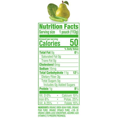 Happy Baby Organics Stage 2 Baby Food Pouches, Gluten Free, Vegan &amp; Healthy Snack, Clearly Crafted Fruit &amp; Veggie Puree, Green Beans, Pears &amp; Spinach, 4 Ounces (Pack of 16)