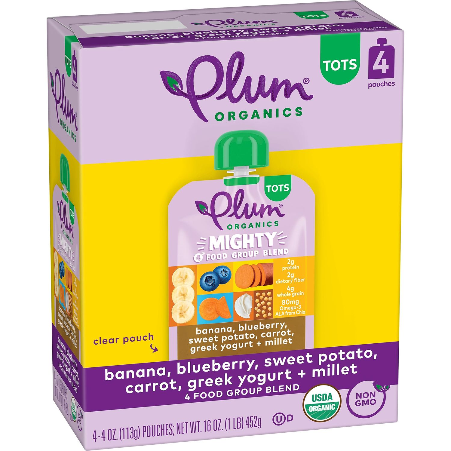 Plum Organics Mighty 4 Organic Toddler Food - Banana, Blueberry, Sweet Potato, Carrot, Greek Yogurt, and Millet - 4 oz Pouch (Pack of 4) - Organic Fruit and Vegetable Toddler Food Pouch