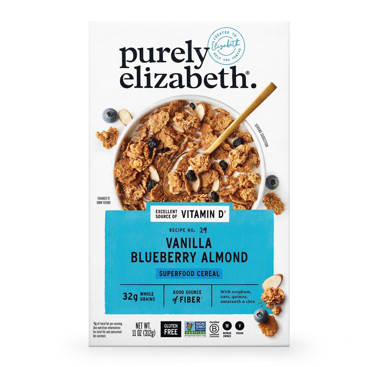 Purely Elizabeth, Vanilla Blueberry Almond, Superfood Cereal with Vitamin D (1 Box, 11oz), 6g Fiber