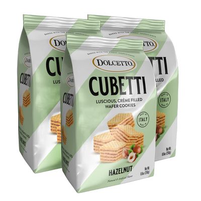 Dolcetto Cubetti Wafer Cookies, Creamy Hazelnut Flavor Sweets, Crispy Gourmet Treats made in Italy, NO Preservatives, 8.8oz Bag, Great snacks for sharing and gift baskets (Pack of 3)