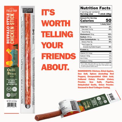 Field Trip Hormone Free Spicy Buffalo Chicken Jerky Snack Sticks, 0 Sugar, Keto, Paleo, Gluten Free, Allergy Friendly Snack, High Protein, 50 Calorie Snack, 1oz, 24 Pack