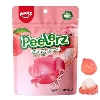 Amos Peelerz Gummy Peach Peeling Candy, Peelable Fruit Snacks, Resealable 2.19oz Bag Christmas Candy (Pack of 3)