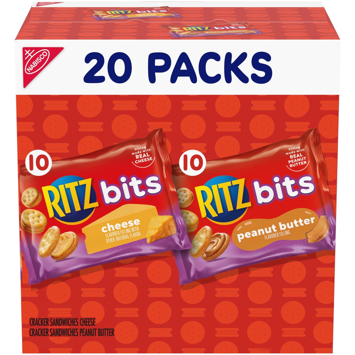 RITZ Bits Cheese and RITZ Bits Peanut Butter Cracker Sandwiches Variety Pack, 20 Snack Packs