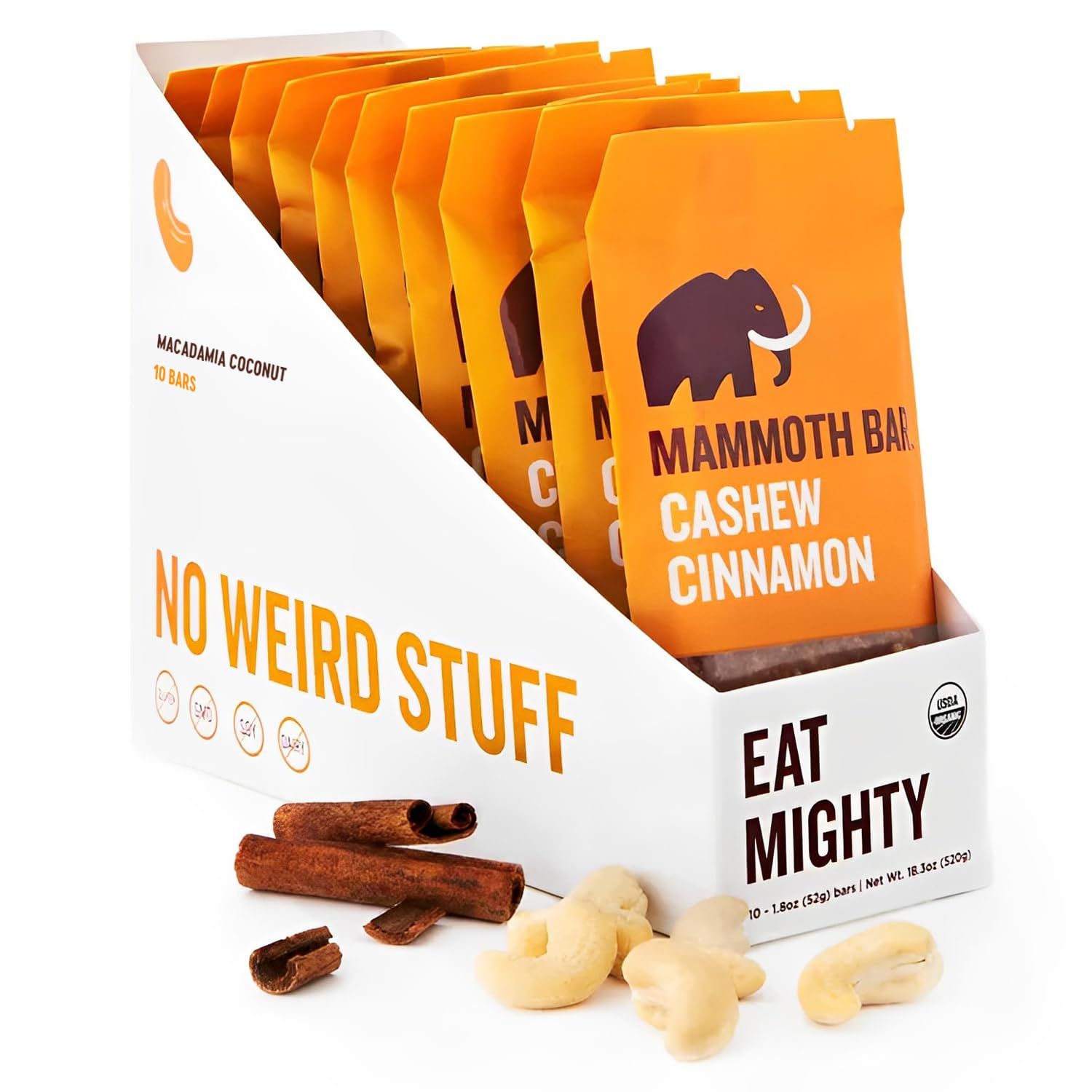 Cashew Cinnamon Bar- Organic, Paleo, Gluten Free and Raw by Mammoth Bar, 10-12g Protein, 1.8 Oz. Bar (10 Bars)