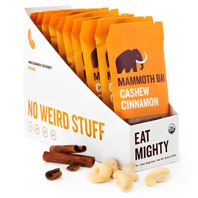 Cashew Cinnamon Bar- Organic, Paleo, Gluten Free and Raw by Mammoth Bar, 10-12g Protein, 1.8 Oz. Bar (10 Bars)