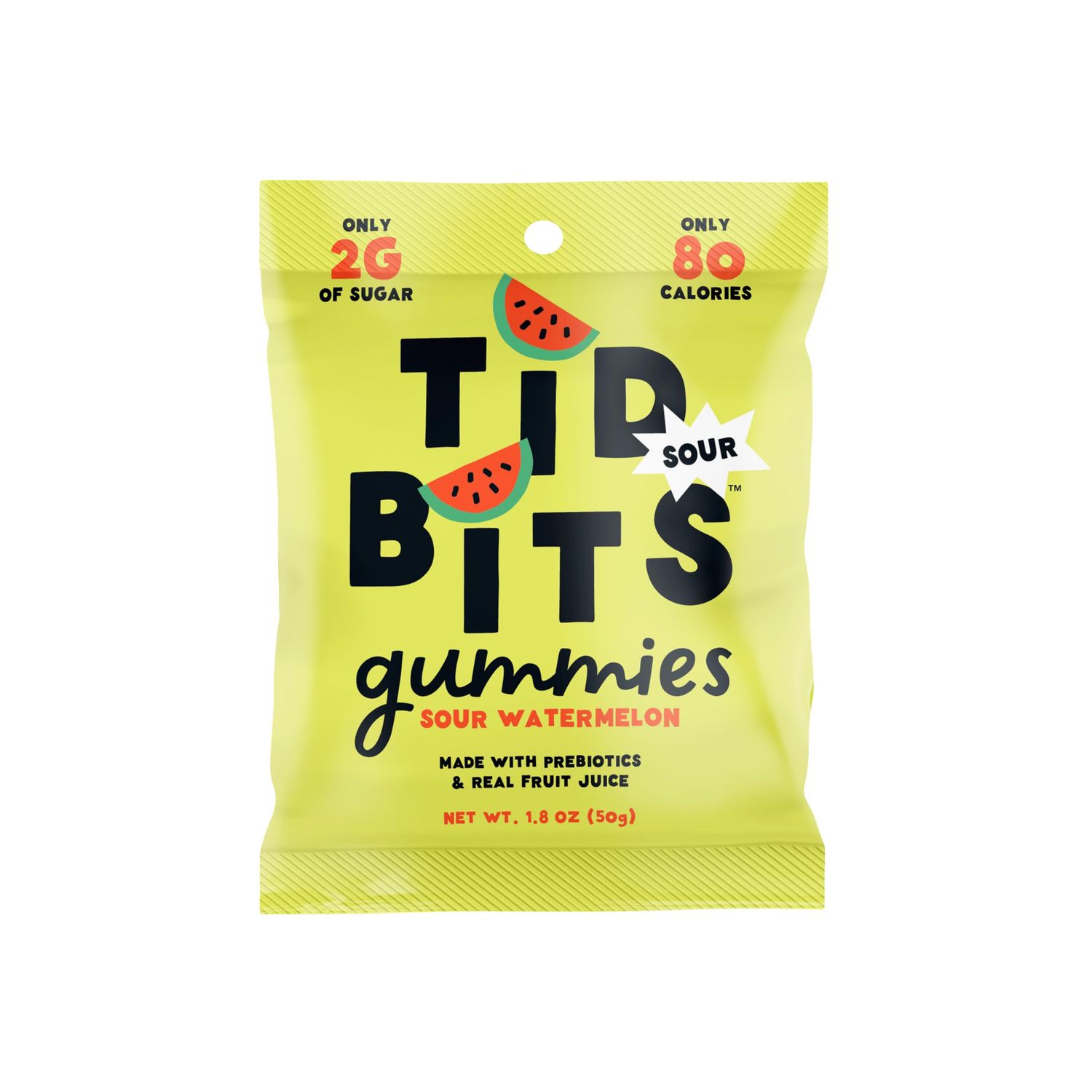 TiDBiTS Gummy Candies Sour Watermelon 1.8oz (Pack of 12) with Low Sugar (2g), Low Calorie (80), Vegan, No Artificial Sweeteners, Prebiotic Fiber, Real Fruit Juice, Fruit Gummies Healthy Snack