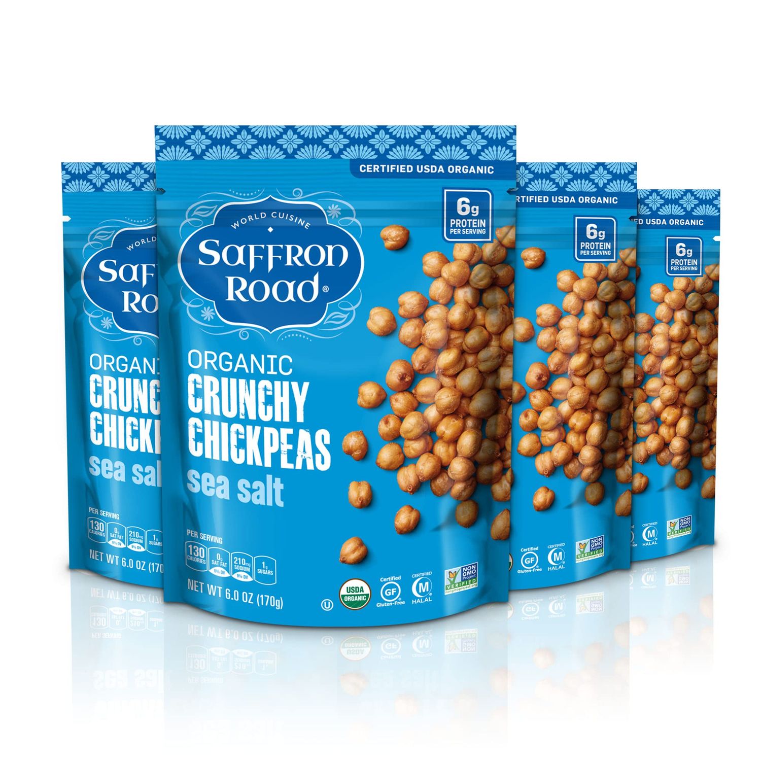 Saffron Road Organic Crunchy Chickpea Snacks-Gluten Free, Non-GMO, Halal, Kosher, Vegan (Sea Salt, 6 oz (4 Pack))