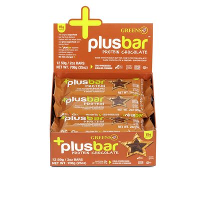 Greens Plusbar Protein Bars, Dark Chocolate, 15g Whey Protein Isolate, Gluten Free Healthy Snacks with Organic Super Greens, Superfoods, Vegan, Dairy Free &amp; Non GMO Meal Replacement Bars, 12 Bars