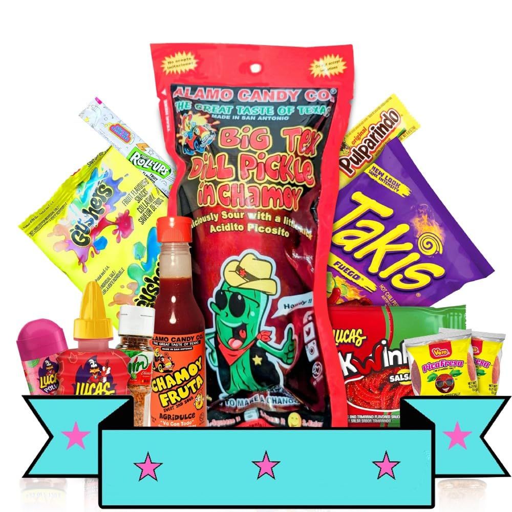Chamoy Pickle Kit, Takis Fuego, Fruit Rollup, Gushers, Tajin Seasoning, Chamoy, Mexican Candy, Tik Tok Trend Items, Pulparindo Mexican Candy, Viral Snack Box, Skwinkles