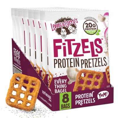 Lenny &amp; Larry&#39;s Everything Bagel FITZELS- Savory Pretzel Snacks Incredibly Tasty, High Protein Salty, Vegan, Kosher 20 g&#39;s of Plant Based Protein 8 (eight) Bags, 3 oz Each