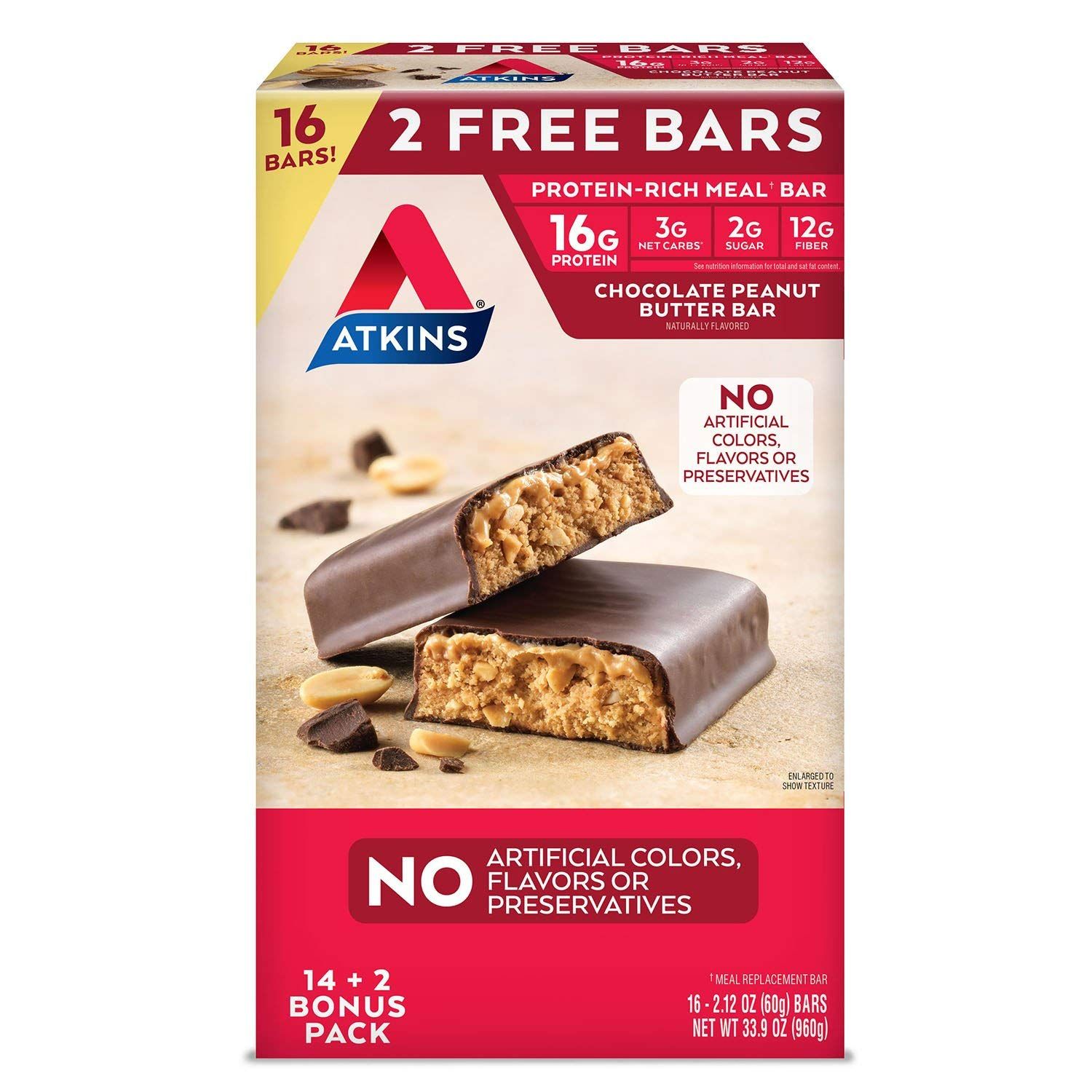 Atkins Meal Bar Chocolate Peanut Butter Pack (14 Count  2 Bonus Bars)