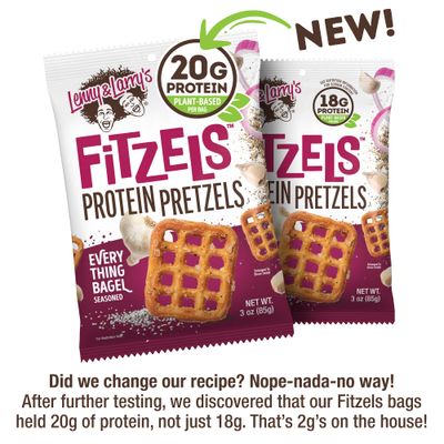 Lenny &amp; Larry's Everything Bagel FITZELS- Savory Pretzel Snacks Incredibly Tasty, High Protein Salty, Vegan, Kosher 20 g's of Plant Based Protein 8 (eight) Bags, 3 oz Each