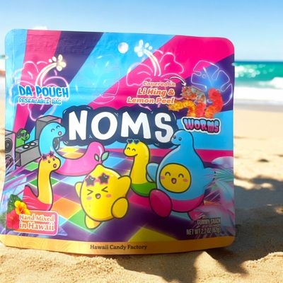 Hawaii Candy Factory Noms Gummy Worms | Da Pouch Resealable Bag | Li Hing &amp; Lemon Peel Covered Sour Gummy Worms | Hand-Mixed in Hawaii | Local Hawaiian Favorite Candy Snack | 2.2 oz Bag