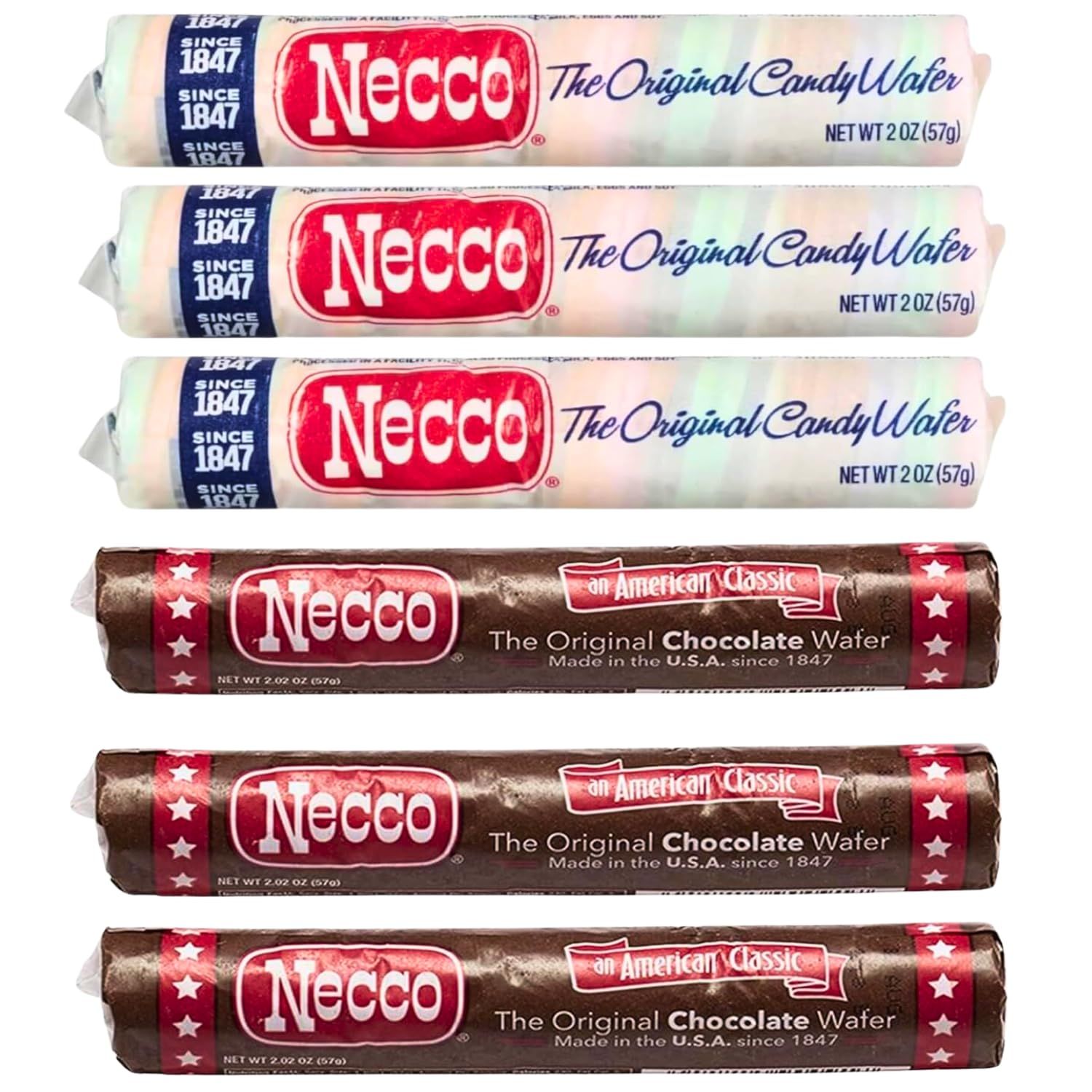 Necco Wafers Variety Pack - 6 Rolls - 3 Rolls of Chocolate and 3 Rolls of Variety - The Original Wafer Candy - Candy Wafer Bundle Gift Set Assortment - Timeless Snack for Generations